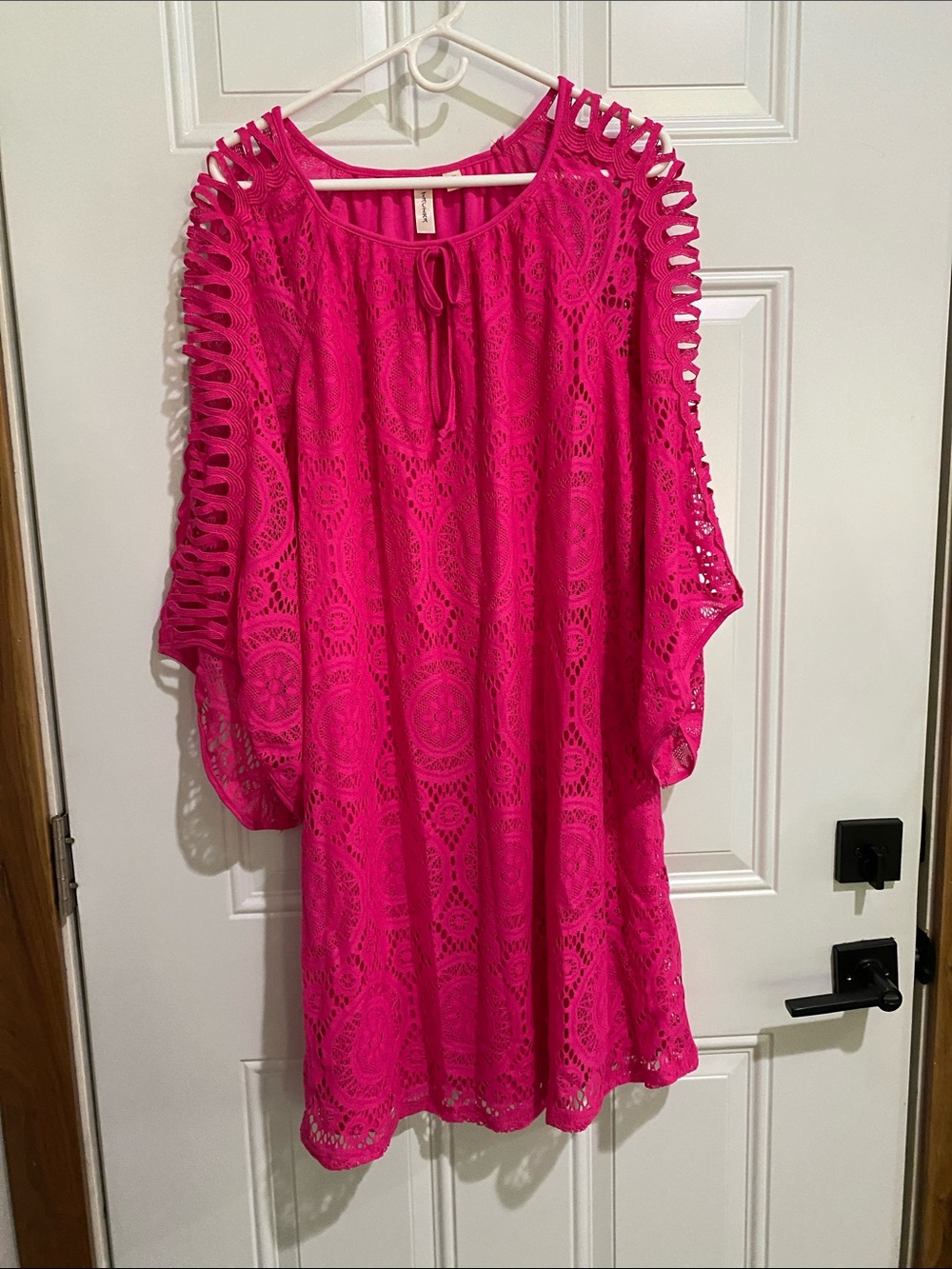 Tacera Fuchsia Crochet style Tie-Front Mini Dress